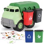 Large Green Garbage Truck Toy with 4 Colorful Trash Cans | Illustrated Flash Waste Cards | Waste Management Recycling Truck for Kids