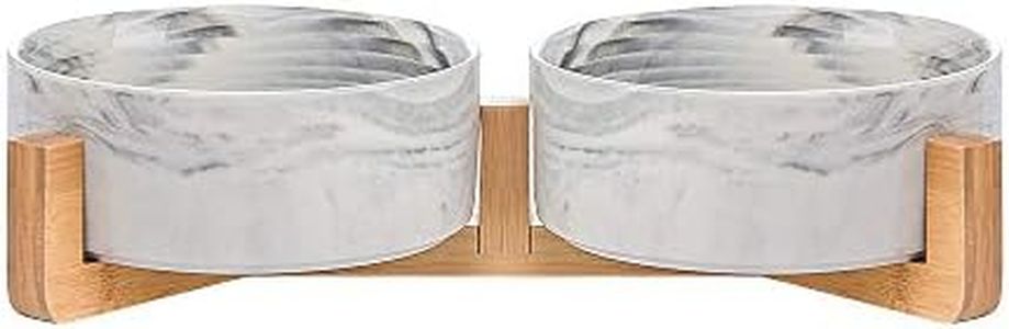 Marble Black Ceramic Cat Dog Bowl Dish with Wood Stand No Spill Pet Food Water Feeder Cats Small Dogs Set of 2