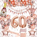 60th Birthday Decoration for Women, Rose Gold Birthday Decoration, Birthday Party Decorations Set With Rose Gold Balloons, 60th Birthday Banner, Champagne Balloon，Triangle Flag Banner