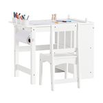 SoBuy KMB60-W, Children Desk and Chair Set, Art Table with Storage Shelves, Paper Roll Holder and Pen Holder Slots, Children Kids Table Set for Drawing, Studying