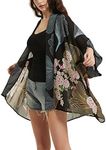 Women's Loose Print Sheer Chiffon Kimono Beach Swim Cover up Cardigan Capes Blouse Tops, Black Fan Floral, One size