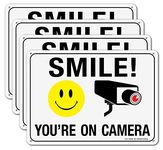 Smile You're on Camera Sign, No Trespassing Warning Sign, Video Surveillance Sign - 4Pack - 7 x 10 Inches Rust Free .040 Aluminum - Reflective - UV Protected, Waterproof, Weatherproof and Fade Resistant - 4 Pre-drilled Holes