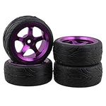 Mxfans Black Scale Pattern Rubber Tyre and Purple Alloy Wheel Rims With 5 Spoke For RC 1:10 On-road Racing Car Pack Of 4