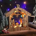 Christmas Nativity Scene Ornament Wooden Nativity Set Christmas Ornament Religious Rustic Christmas Nativity Ornaments Scene Decorations with LED Light for Shelves Tables Decorations (Hut)