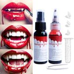 Halloween Vampire Fangs Teeth Makeup and Fake Blood Kit: 3 pairs Fangs Teeth 2 bottle Vampire Blood spray and drop for Cosplay Accessories all in one package. Halloween Decor, Halloween Accessories.