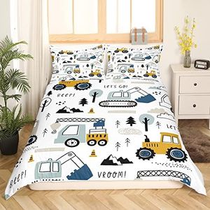 Cartoon Car Kids Bedding Set Construction Bedding Duvet Cover Set Full Size Boys Decor Equipment Trucks Comforter Cover Set Excavator Tractor White Yellow Bedspread Cover Bedroom Quilt Cover 3Pcs