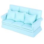 Dollhouse Furniture, 1:12 Scale Miniature Sofa, Doll House Mini Sofa with 3pcs Pillow Wooden Doll House Decoration Accessories Mini Furniture for Dollhouse Living Room (Water Blue)