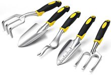 Lotvic 5-Piece Garden Tool Set, Aluminium Gardening Kit with Trowel, Rake, Fork, Weeder, Transplanter, Garden Trowel and Fork Set with Ergonomic Handles, Heavy Duty Gardening Tools Set for Women Men