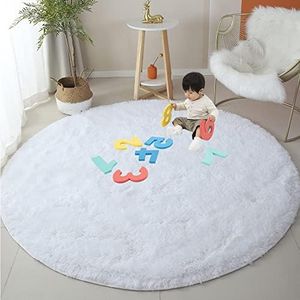 White Round Rug 160cm, Fluffy Circle Rug for Bedroom, Furry Carpet for Kids Room, Circular Shag Area Rug for Nursery Room, Fuzzy Plush Rug for Teen's Room, White Carpet, Cute Room Decor for Baby