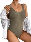 Dixperfect Women's Retro 80s/90s Inspired High Cut Low Back One Piece Swimwear Bathing Suits, Army Green Crinkle W/Padded Cups Removable