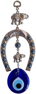 Erbulus Turkish Silver Horse Shoe Blue Evil Eye Wall Hanging Ornament with Elephant - Turkish Nazar Bead Amulet – Home Protection and Good Luck Charm Gift in a Box