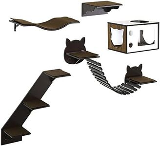 PawHut 5 Piece Cat Wall Shelves, Wall-Mounted Cat Tree for Indoor Use, with Curved Platform, Cat House, Bridge, Stairs, Perch - Brown