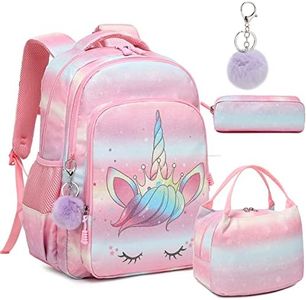 Kimwadalh Sac a Dos Fille Sac Ecole Fille Primaire Cartable Fille CP Multicolore Glitter Cartable Licorne Fille Sacs Scolaires,CE Set de 3 Pieces Cartables et Trousses et Sac à Lunch