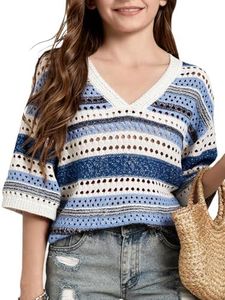 Seiciviy Girls Spring Summer Tops School Picture Day 3/4 Short Sleeve Trendy Sweaters Crochet V Neck Hollow Out Teen Fashion Sky Blue