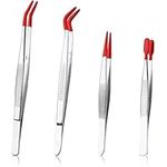 4 Pcs Craft Tweezers, Tweezer Set, Angled and Curved Tweezers, Professional Craft Tweezers Precision Tweezer Set for Hobby, Electronics, Model Making, Jewelry Picking Tool (Red)