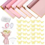 118Pcs Flower Bouquet Wrapping Paper Kits, 30 Sheets 6 Colors Christmas Waterproof Floral Wrapping Paper 2 Rolls Ribbon 50 Flower Pins 36 Gold Butterfly for Party