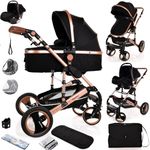 Baby Pram Pushchair Buggy with Car Seat Lightweight Stroller Folding Strollers 3 in1 Travel System Baby Trolley Pram for Newborns Toddlers from Birtn (Black - Rose Gold Frame)
