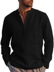 NANAMEEI Basic Henley Shirt Men's Linen Cotton V-Neck Summer Shirt Band Collar Plain Yoga Tops Black L