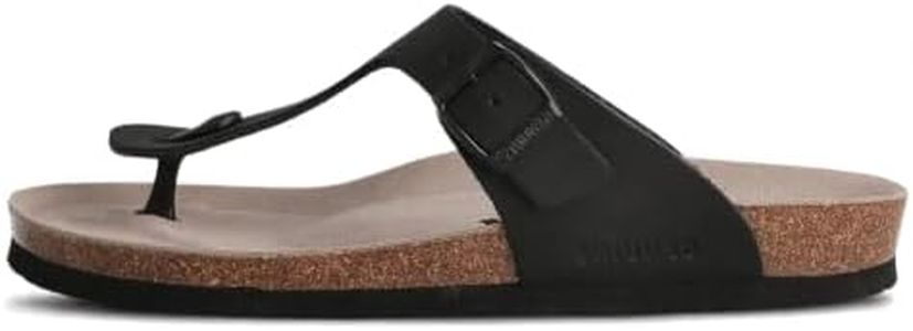 Genuins Black Rosas Oiled Leather Sandals Cork Footbed Slip On Toe Post Adjustable Buckle Arch Support Comfort Footwear Lightweight EVA Sole Casual Travel Beach Walking Wear, 13 US Women / 11 US Men