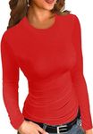 ZAWAPEMIA Womens Crew Neck Long Sleeve Stretchy Slim Fitted T Shirt Casual Trendy Clothing Basic Ribbed Tops XXL Red