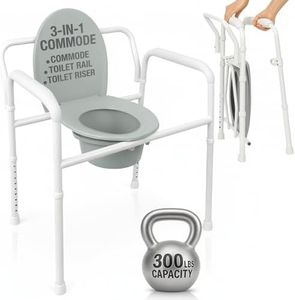 Vive Bedside Commode Toilet Chair (Folding) - 350 lb Capacity, Safety Rail, Shower Chair - 3 in 1 Heavy Duty Bariatric Bucket with Padded Arms, Tight Lid – Portable Seat for Home - Steel