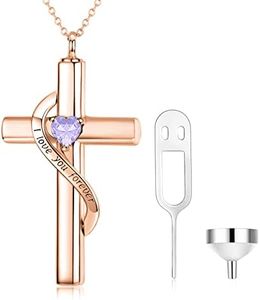 SOULMEET Custom 10k 14k 18k Rose Gold Cross Necklace for Ashes, Birthstone June Cross Urn Necklace for Ashes Keepsake Cremation Jewelry for Pet Human Ashes