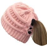 Taidor Soft Stretch Cable Knit Hat Ponytail Beanie Hat for Women Messy Bun Beanie Tail Slouchy Warm Hat Pink