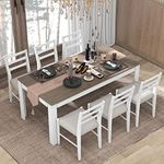 Merax 7-Piece Wooden Dining Table Set, Multifunctional Extendable Tabletop with 12” Leaf and 2 Drawers, 6 Chairs with Soft Cushion, White