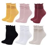 BABAHU Ruffle Socks for Women, Casual Cute Cotton Crew Socks, Frilly Novelty Knit Socks 6 Pairs