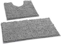 LuxUrux Bath Mat, Luxury Chenille (2-Piece) Bath Mat Set, Soft Plush Anti-Slip Bath Rug + Toilet Mat.1'' Microfiber Shaggy Carpet, Super Absorbent (Curved Set Small, Light Grey)