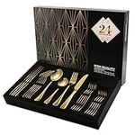 Cutlery Set, Meythway 24 Piece Stainless Steel Gold Flatware Set, Silverware Set Service for 6, Tableware Utensil Set with Knife, Fork, Spoon, Dessertspoon, Use for Home & Restaurant with Gift Box