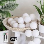 Cotton Ball String 24 LED Lights – White Globe Fairy Lights 16.4ft 5m USB Powered with 8 Modes, and Remote Control – for Bedroom, Table, Wedding, Kids Room, Party, Tent, Indoor Decor. (White)