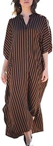 Bsubseach Chemise Robe de Plage Femme élégante Caftan Grande Taille Kaftan Longue Tunique Kimono Eté Djellaba Paréo Chemisiers Longuewear Brown Stripes