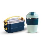 YELONA Stainless Steel 1.6 Litre Stackable Bento Box Lunch Box Containers With 350 Ml Insulated Leak-Proof Coffee/Beverage Tumbler For Dining Out, Work, School, Picnic - Navy Blue