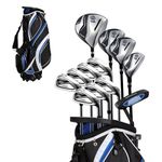 18 Piece Men's Complete Golf Club Package Set with Titanium Driver, 3 & #5 Fairway Woods, 4 Hybrid, 5-SW Irons, Putter, Stand Bag, 4 H/C's (Blue, Regular Size)