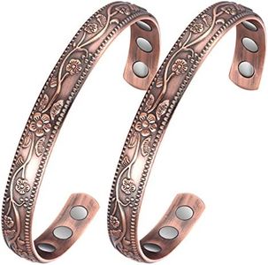 Jecanori 2Pcs Magnetic Copper Bracelets for Women, Vintage Flower 99.99% Pure Copper Bracelets with 3500 Gauss Magnets, Adjustable Cuff Jewelry with Gift Box, Small, Metal, no gemstone