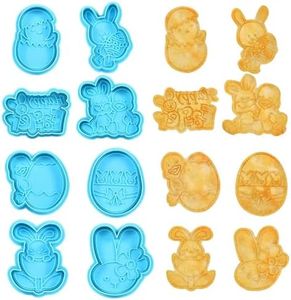 8Pcs/Set 3D Blue Cartoon Cookie Cutter Mold Easter Eggs Rabbit Chick Biscuit Fondant Mould for Home Easter Party Cake Decor DIY Baking Tool Cake Party Favor