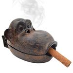 Yimi Cigar Ashtray Outdoor for Patio, Home Office Countertop Decor Ash Holder Large Ash Tray, Cast Iron Funny Monkey with Wooden Gift Box, Best Gift for Smoker