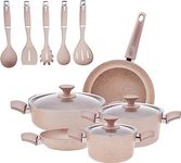 Karaca 13-Piece Cookware Set - Non-Stick & Induction Pots and Pans Set, 3 Biogranite Pots with 3 Glass Lids&1 Granite Frypan&1 Shallow Pan, Dishwasher-Safe, Rosegold