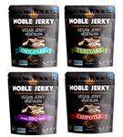 Noble Jerky Vegetarian Vegan Snacks - Plant Based, 14g of Plant Protein Snacks + Energy, Non-GMO, Meat Free Vegan Protein, Great Snacks for the Office or Lunch Bags, Variety, (Original, BBQ, Teriyaki, Chipotle), 4 Bags 70 Gram Bags Each