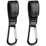 Leather Stroller Hooks for Diaper Bag and Stroller Organizer - RUVALINO® Stroller Strap with Large Carabiner Clip for Shopping Bags - Accessories for Wheelchair, Shopping and Pet Carts, Black, 2 Pack