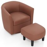 KOMFOTT Swivel Barrel Chair with Ottoman, Upholstered Armchair with Footrest, Removable Seat Cushion, Faux Leather Club Reading Sofa Chairs, Modern Accent Chair for Living Room, Bedroom, Brown