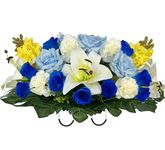 Cemetery Flowers for Grave Decoration-Headstone Flower Saddle for Memorial Day-Artificial Blue Rose White Lily Carnation Yellow Hyacinth-Colorfast