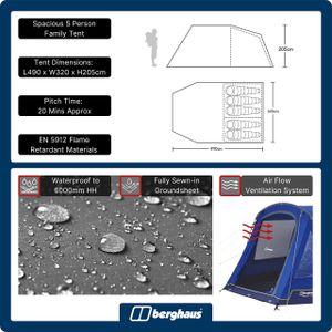 Berghaus Adhara 500 5-Person Tunnel Tent – Darkened Bedrooms, Blue