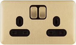 Schneider Electric Lisse Screwless Deco - Switched Double Power Socket, 13A, GGBL3020BSB, Satin Brass with Black Insert