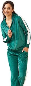 LeeHanTon Velour Tracksuit Womens Sweatsuit Set - Athletic Zip Up Hoodies and Sweatpants Outfits with Stripes, Green-ljs203, 3X-Large