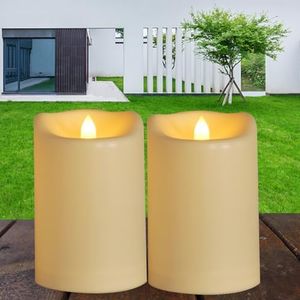 Qinc 4”x6” Large Battery Operated Candles with Timer Flameless Outdoor Candles LED Electric Plastic Waterproof Flickering Candle for Garden Yard Lanterns Party Wedding,Cream White,2 Pack