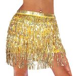 Monbessi Women's Sequin Tassel Skirts Sparkly Belly Dance Wrap Skirt Rave Costume for Party Halloween Music Festival (Gold)