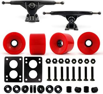 VJ Skateboard Longboard Truck and Wheel, 70mm Long Board Wheels w 7 inch 180mm Skateboard Trucks (Black) Longboard Bearings Longboard Hardware Skateboard Riser Pads (Red)