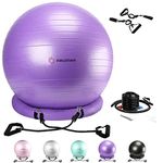 NEUMEE Exercise Ball Chair with Resistance Bands, Yoga Ball Office Chair with Stability Base for Home Gym, Workout Ball for Fitness, Large Size 65 cm (Purple)